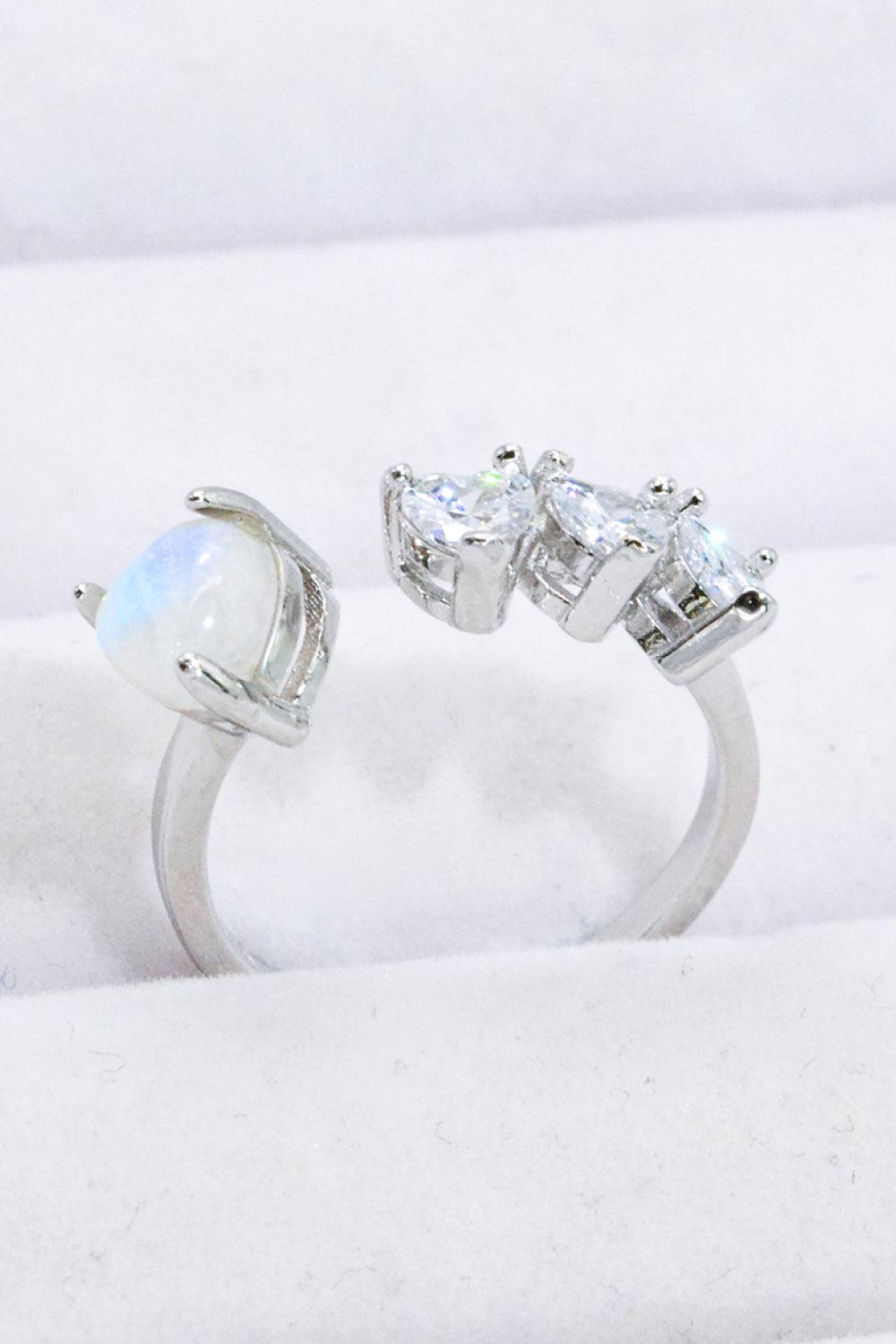 Natural Moonstone and Zircon Heart Open Ring BLUE ZONE PLANET