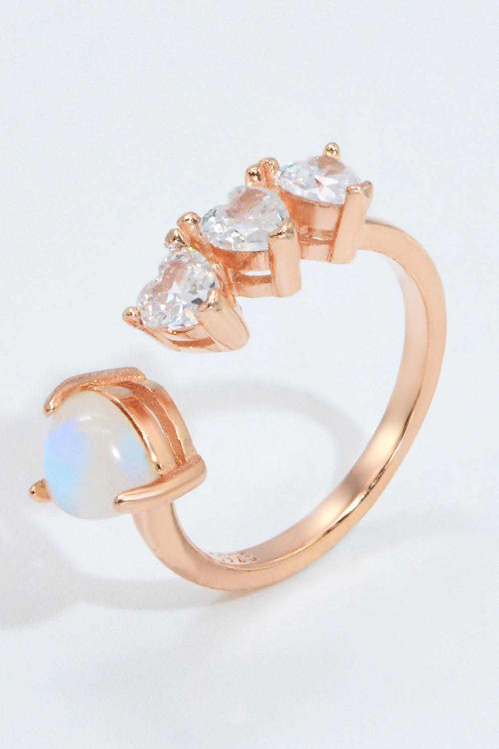 Natural Moonstone and Zircon Heart Open Ring BLUE ZONE PLANET