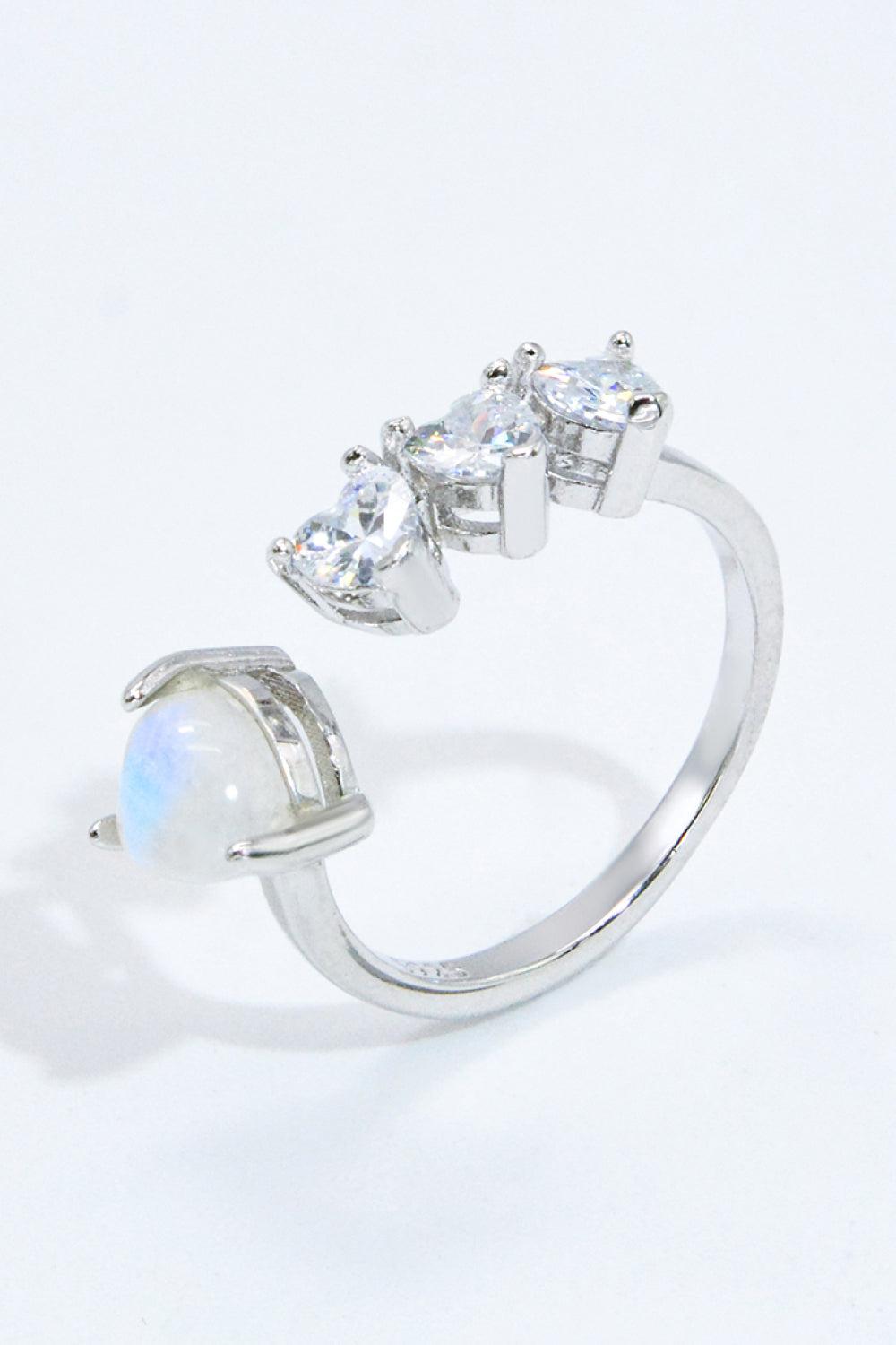 Natural Moonstone and Zircon Heart Open Ring BLUE ZONE PLANET