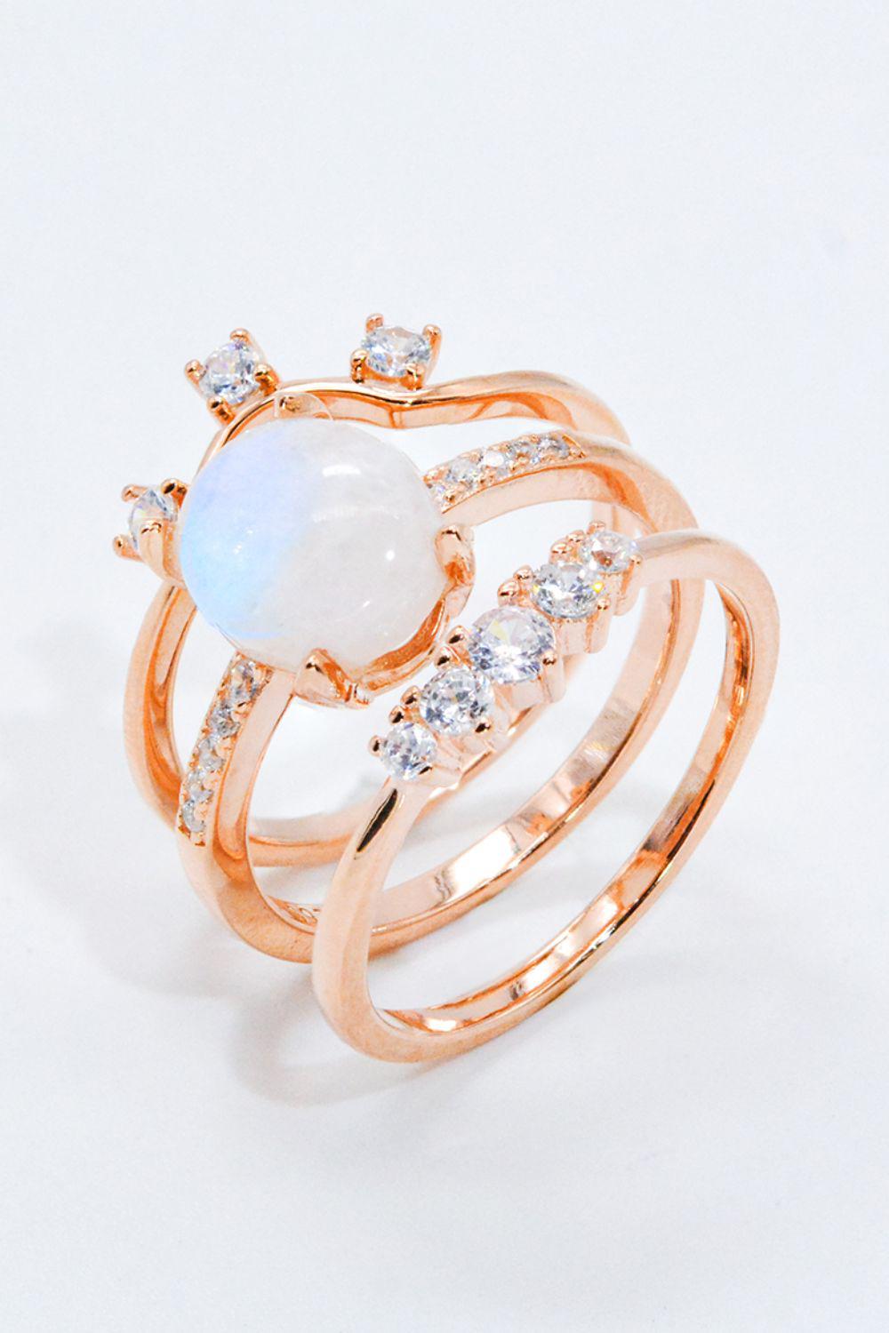 Natural Moonstone and Zircon Three-Piece Ring Set BLUE ZONE PLANET