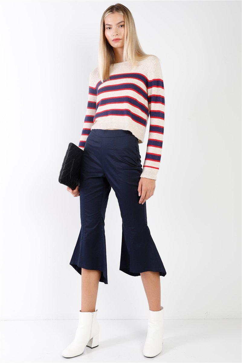 Navy Solid High Waisted Retro Bell Bottom Flare Pants Blue Zone Planet