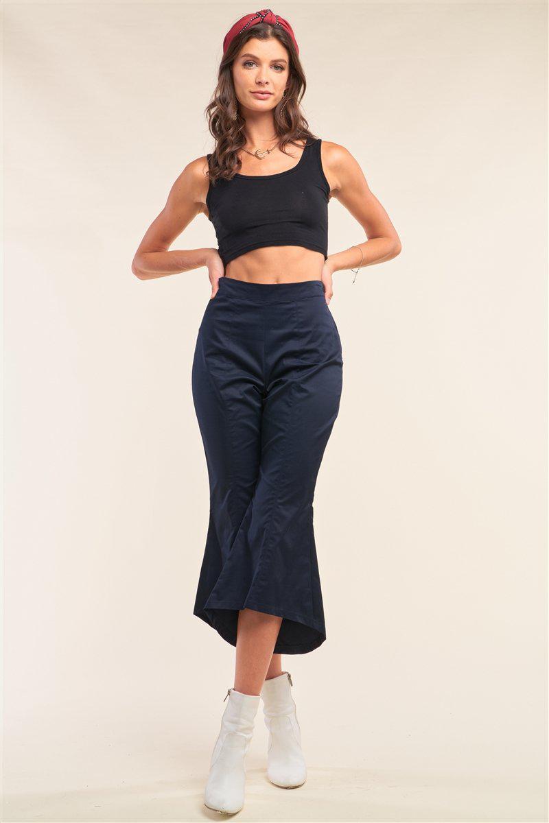 Navy Solid High Waisted Retro Bell Bottom Flare Pants-[Adult]-[Female]-Blue Zone Planet