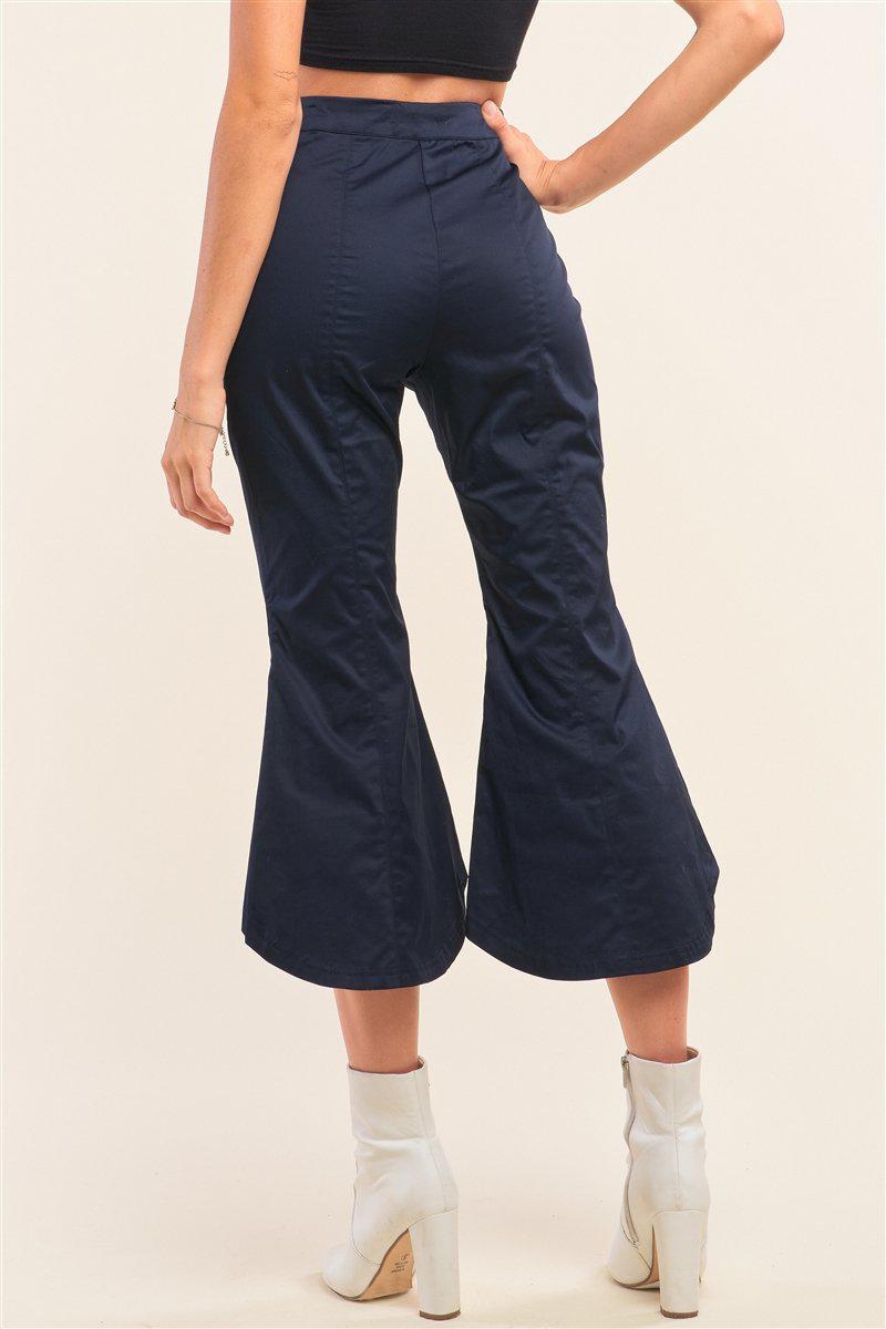 Navy Solid High Waisted Retro Bell Bottom Flare Pants-[Adult]-[Female]-Blue Zone Planet