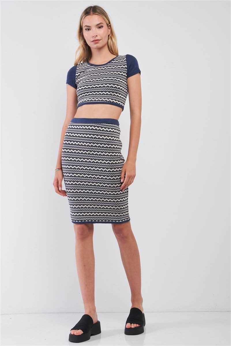 Navy & White Geometrical Pattern Short Sleeve Crop Top & High-waisted Pencil Skirt Two Piece Set Blue Zone Planet