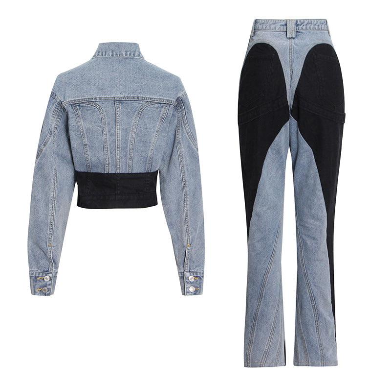 New Style Splicing Short Denim Jacket and High Waist Jeans BLUE ZONE PLANET