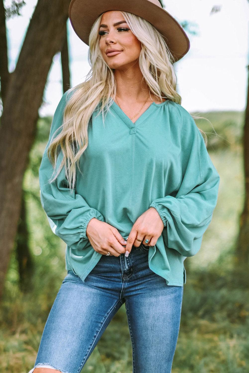 Notched Neck Balloon Sleeve Blouse BLUE ZONE PLANET