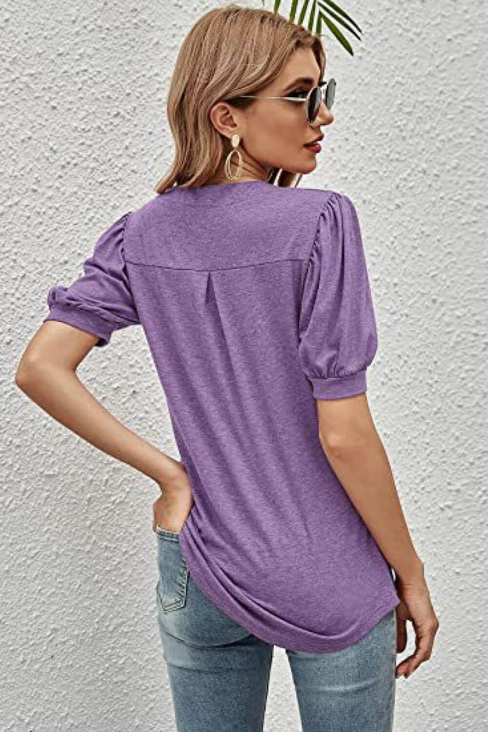 Notched Neck Puff Sleeve Tee BLUE ZONE PLANET