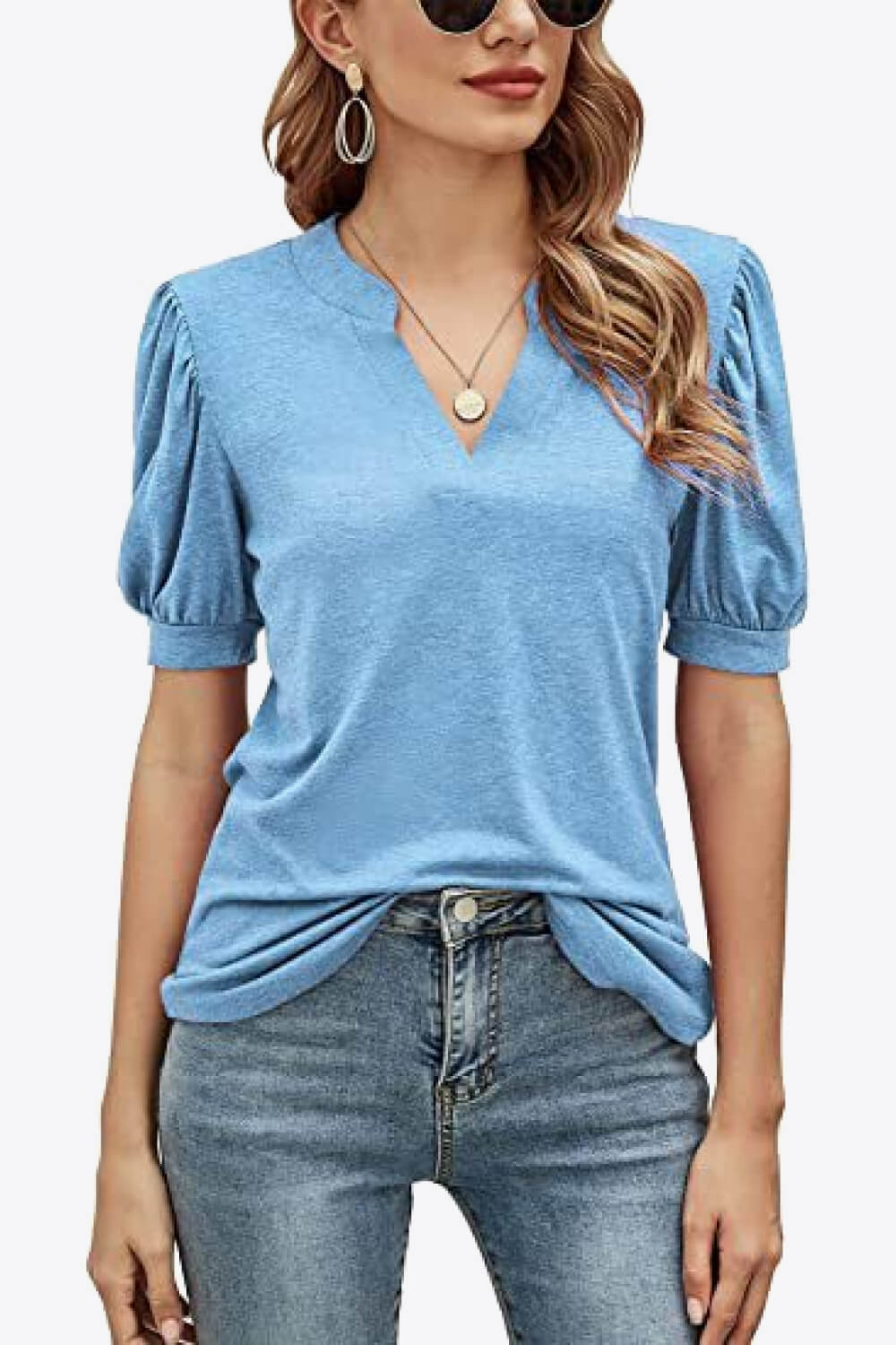 Notched Neck Puff Sleeve Tee BLUE ZONE PLANET