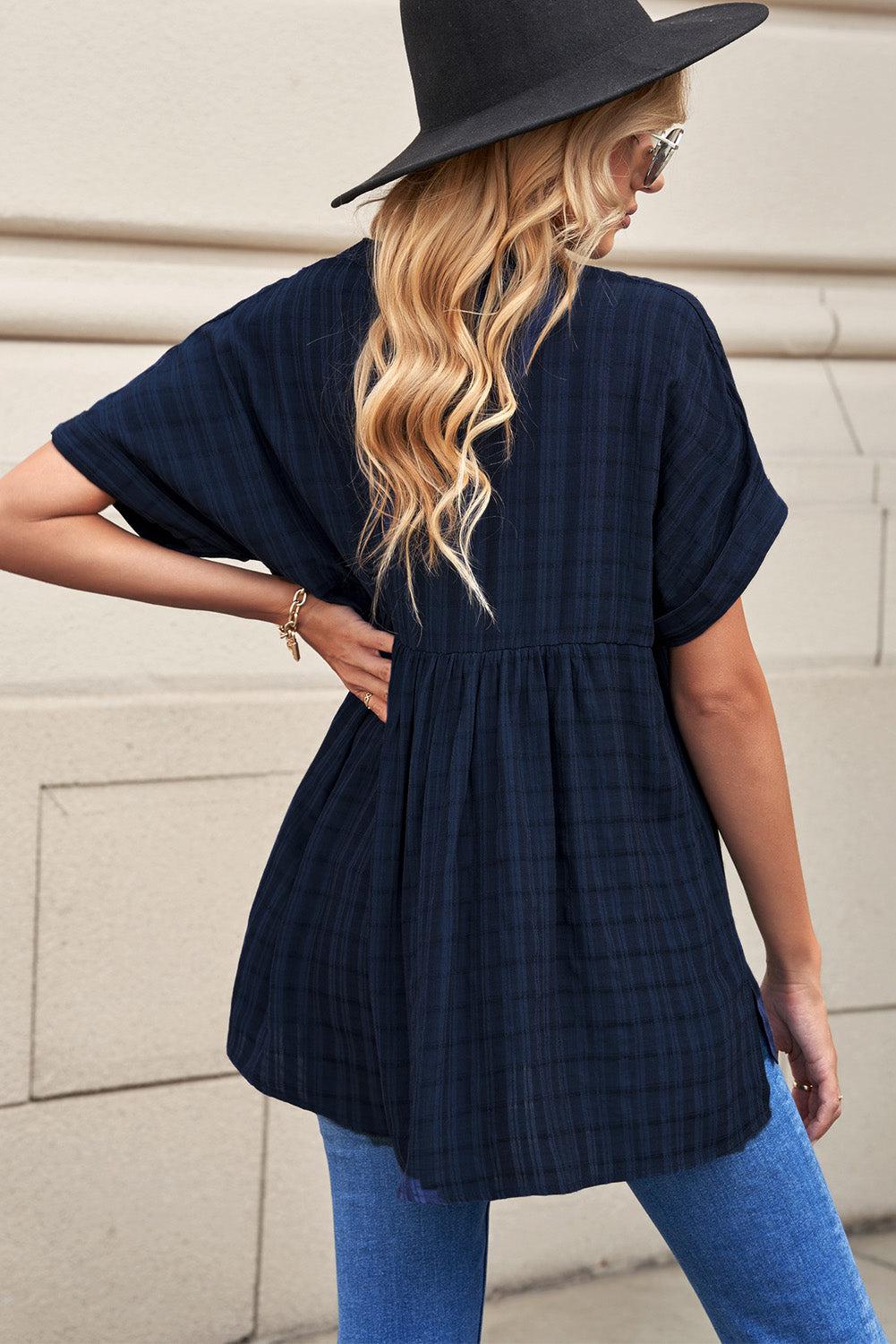 Notched Side Slit Cuffed Blouse BLUE ZONE PLANET