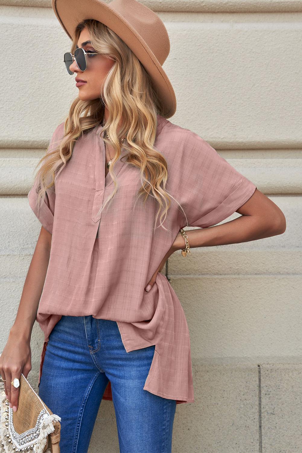 Notched Side Slit Cuffed Blouse BLUE ZONE PLANET