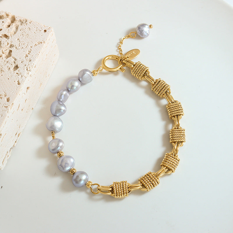 Half Pearl Half Chain Stainless Steel Bracelet BLUE ZONE PLANET