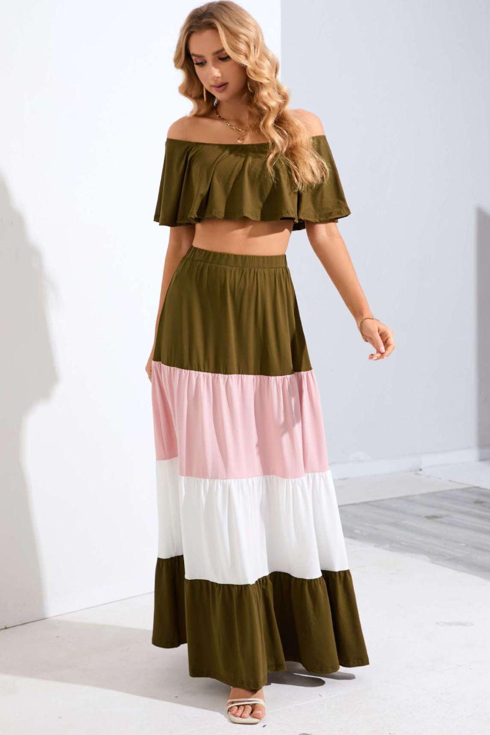 Off-Shoulder Crop Top and Color Block Tiered Skirt Set BLUE ZONE PLANET