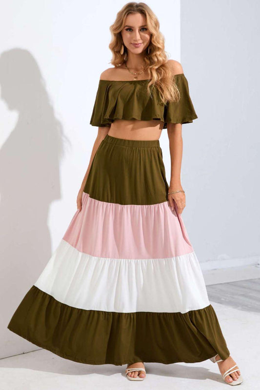 Off-Shoulder Crop Top and Color Block Tiered Skirt Set BLUE ZONE PLANET