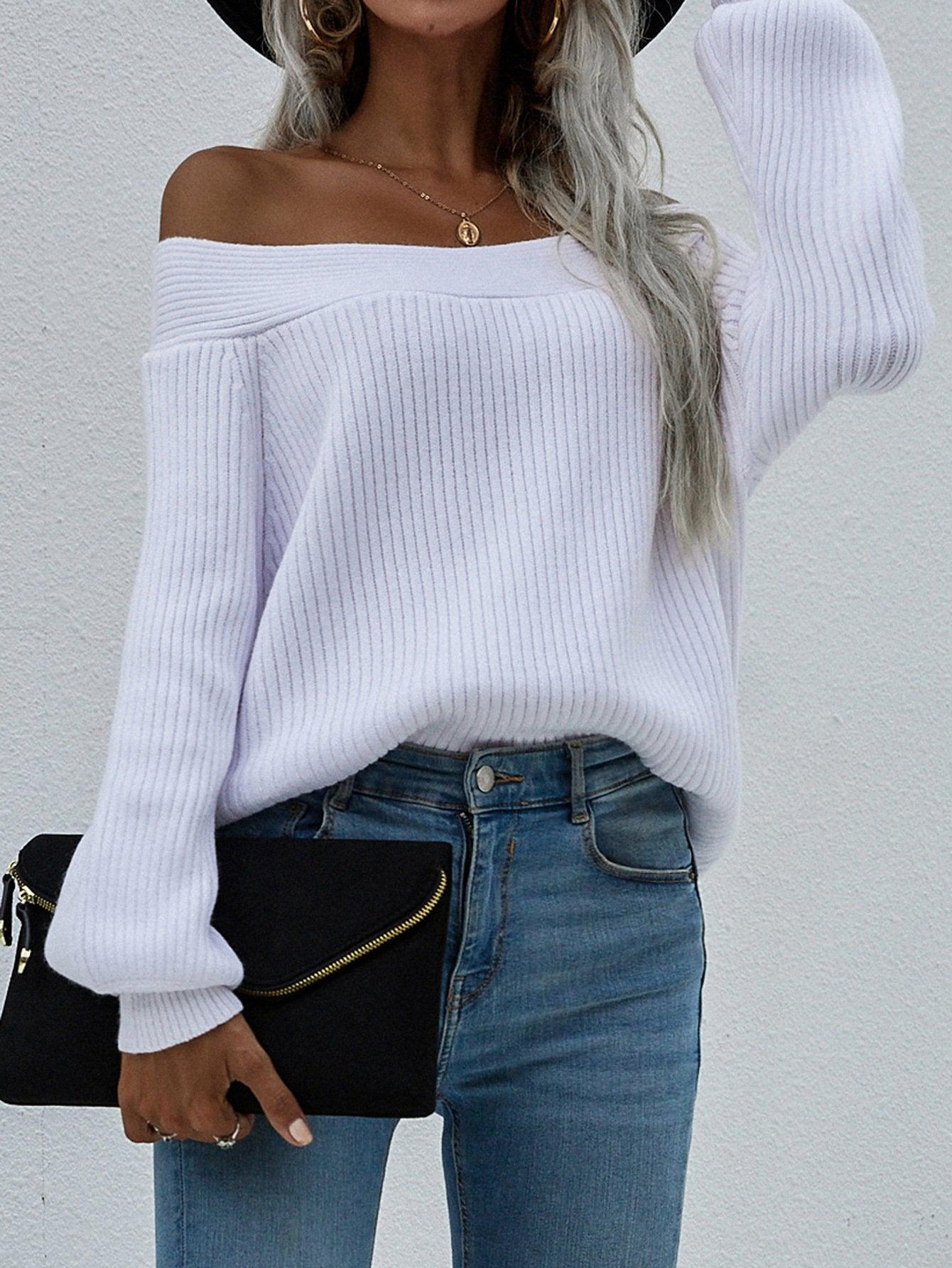Off-Shoulder Rib-Knit Sweater BLUE ZONE PLANET