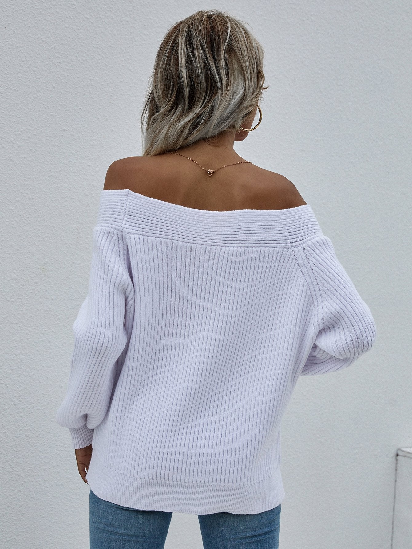 Off-Shoulder Rib-Knit Sweater BLUE ZONE PLANET