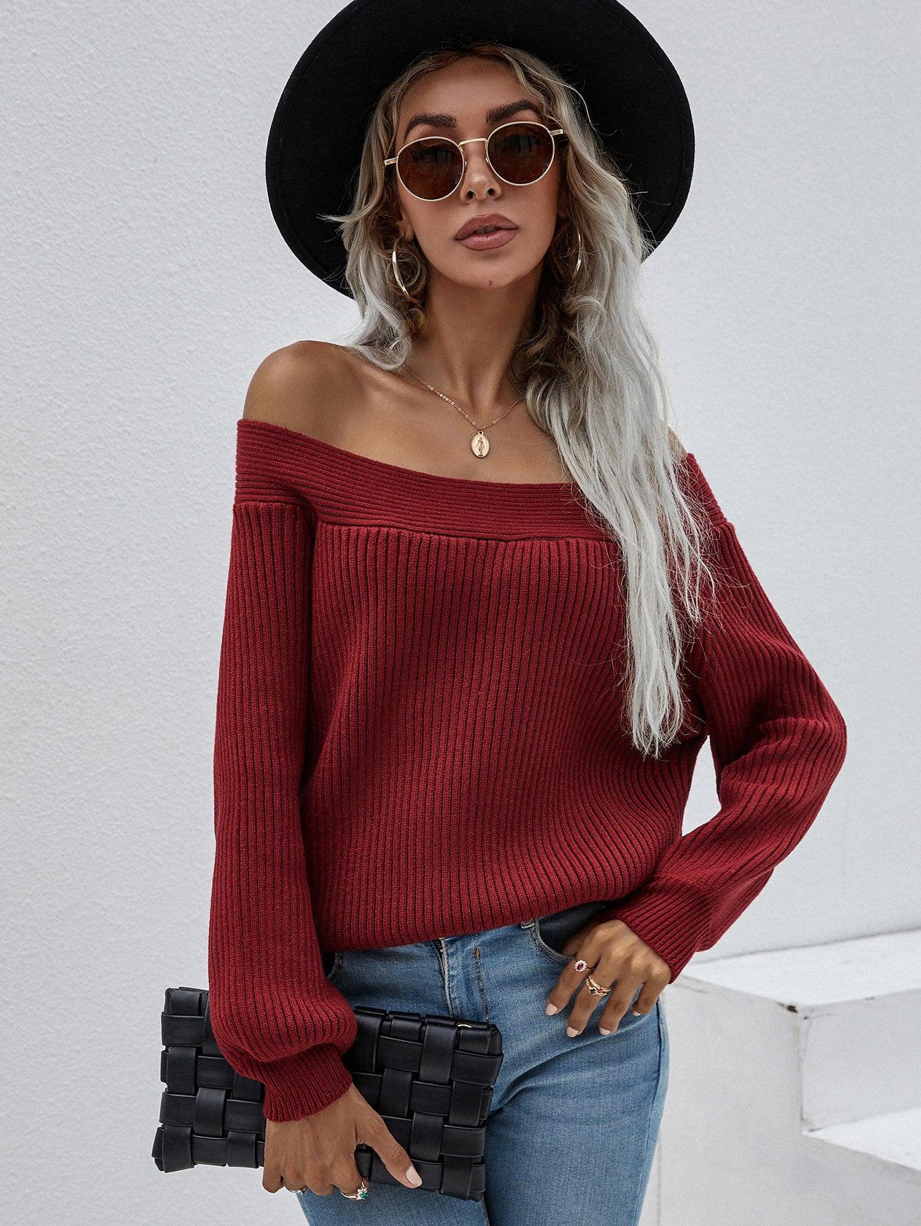 Off-Shoulder Rib-Knit Sweater BLUE ZONE PLANET