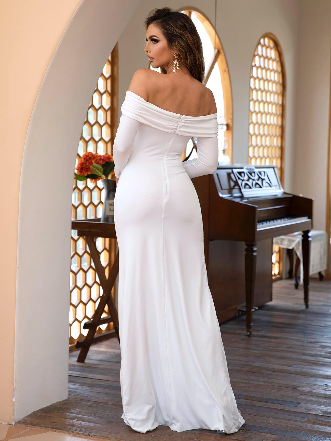 Off-Shoulder Ruched Split Floor-Length Dress-TOPS / DRESSES-[Adult]-[Female]-Blue Zone Planet