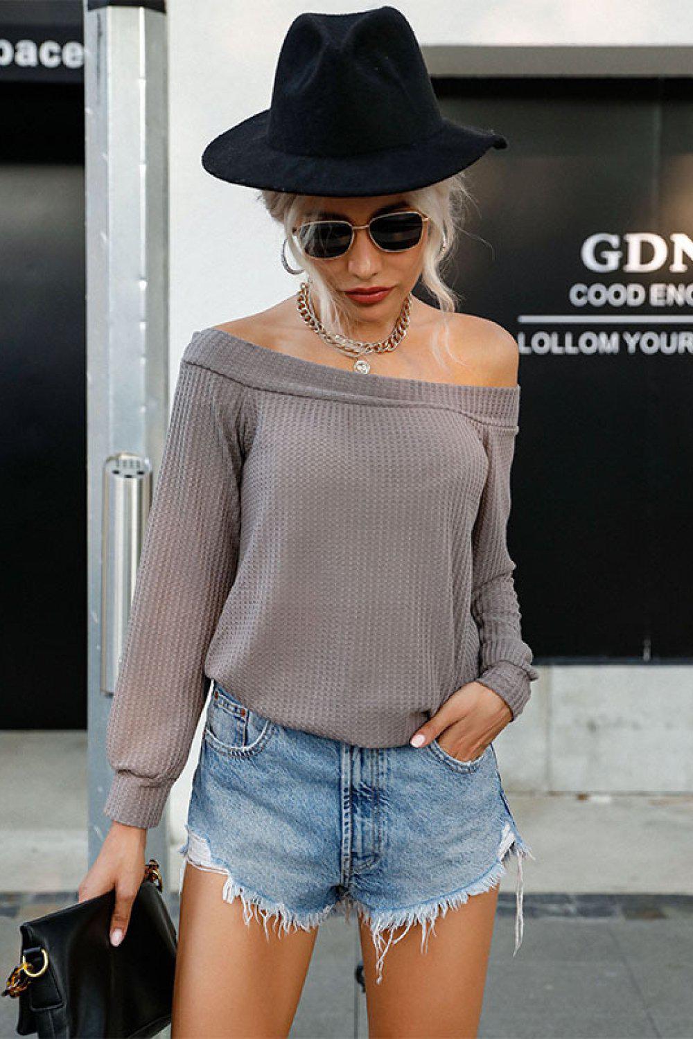 Off-Shoulder Waffle Knit Top-NEW ARRIVALS-[Adult]-[Female]-Gray-S-Blue Zone Planet