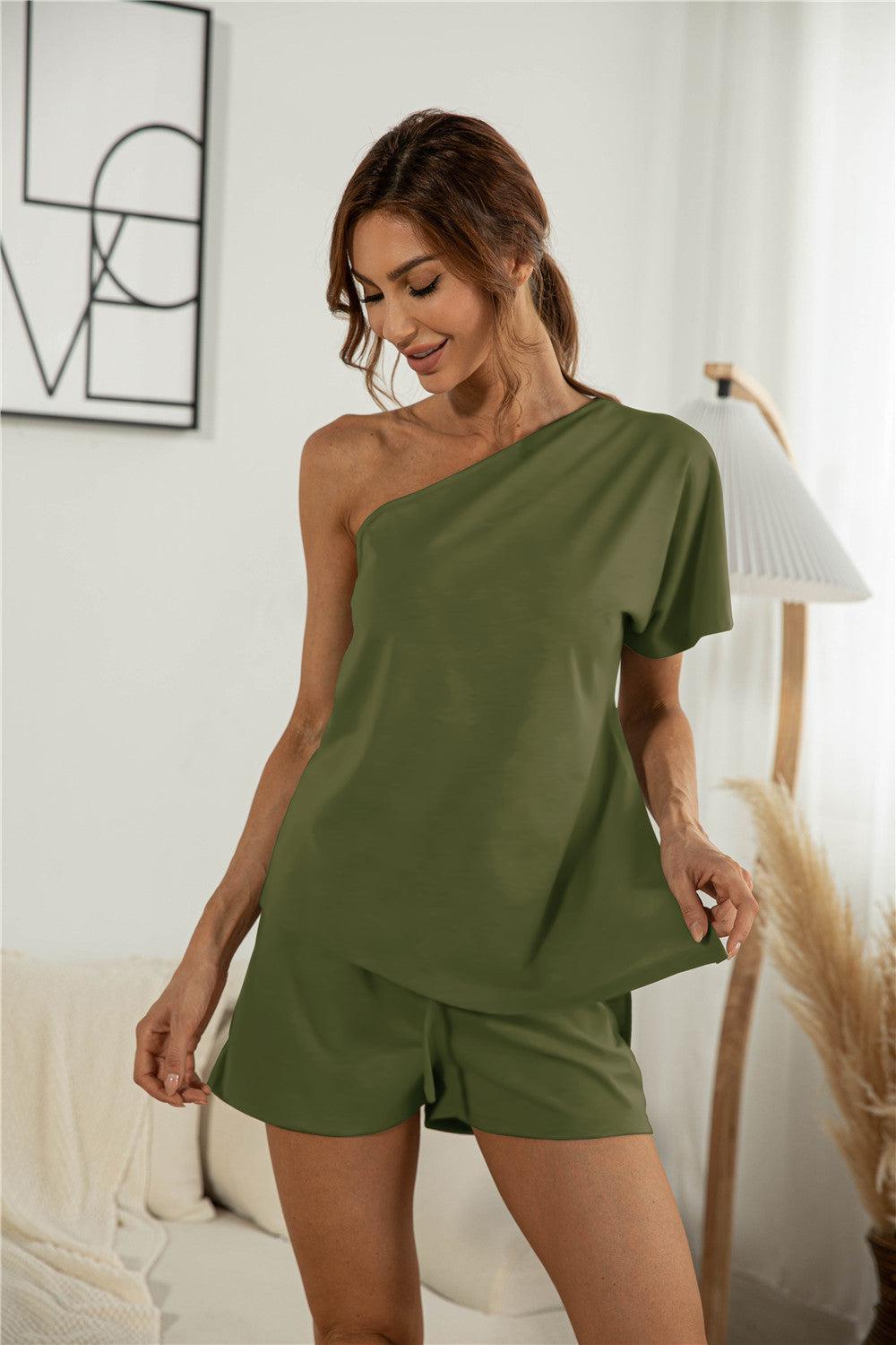 One Shoulder Asymmetry Top & Shorts-TOPS / DRESSES-[Adult]-[Female]-Army Green-S-2022 Online Blue Zone Planet