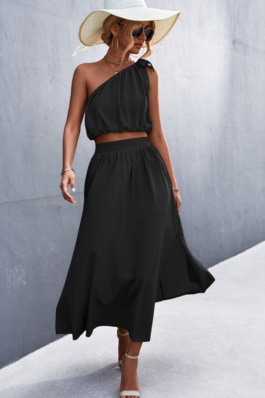 One-Shoulder Sleeveless Cropped Top and Maxi Skirt Set-TOPS / DRESSES-[Adult]-[Female]-Black-S-Blue Zone Planet
