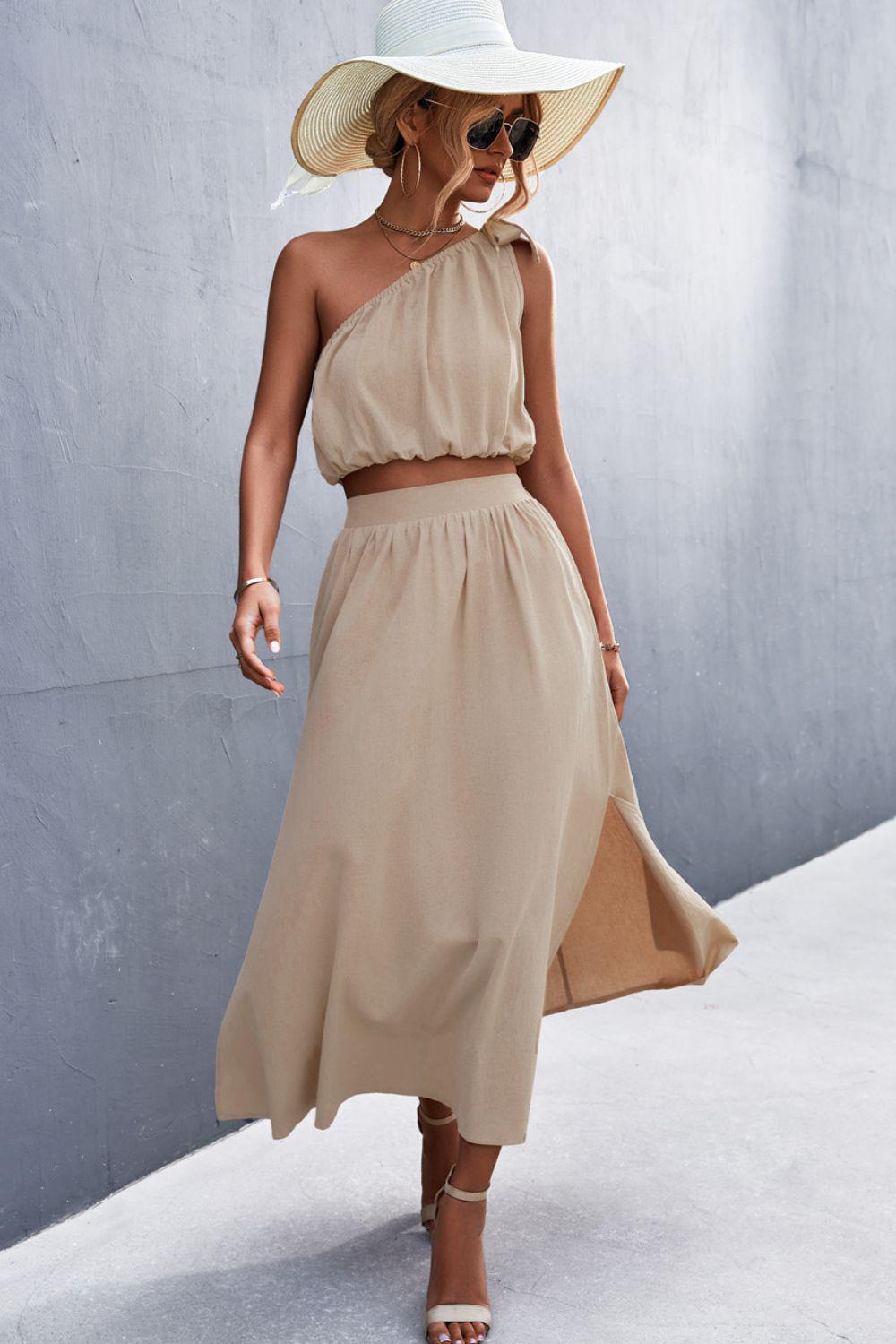 One-Shoulder Sleeveless Cropped Top and Maxi Skirt Set-TOPS / DRESSES-[Adult]-[Female]-Khaki-S-Blue Zone Planet
