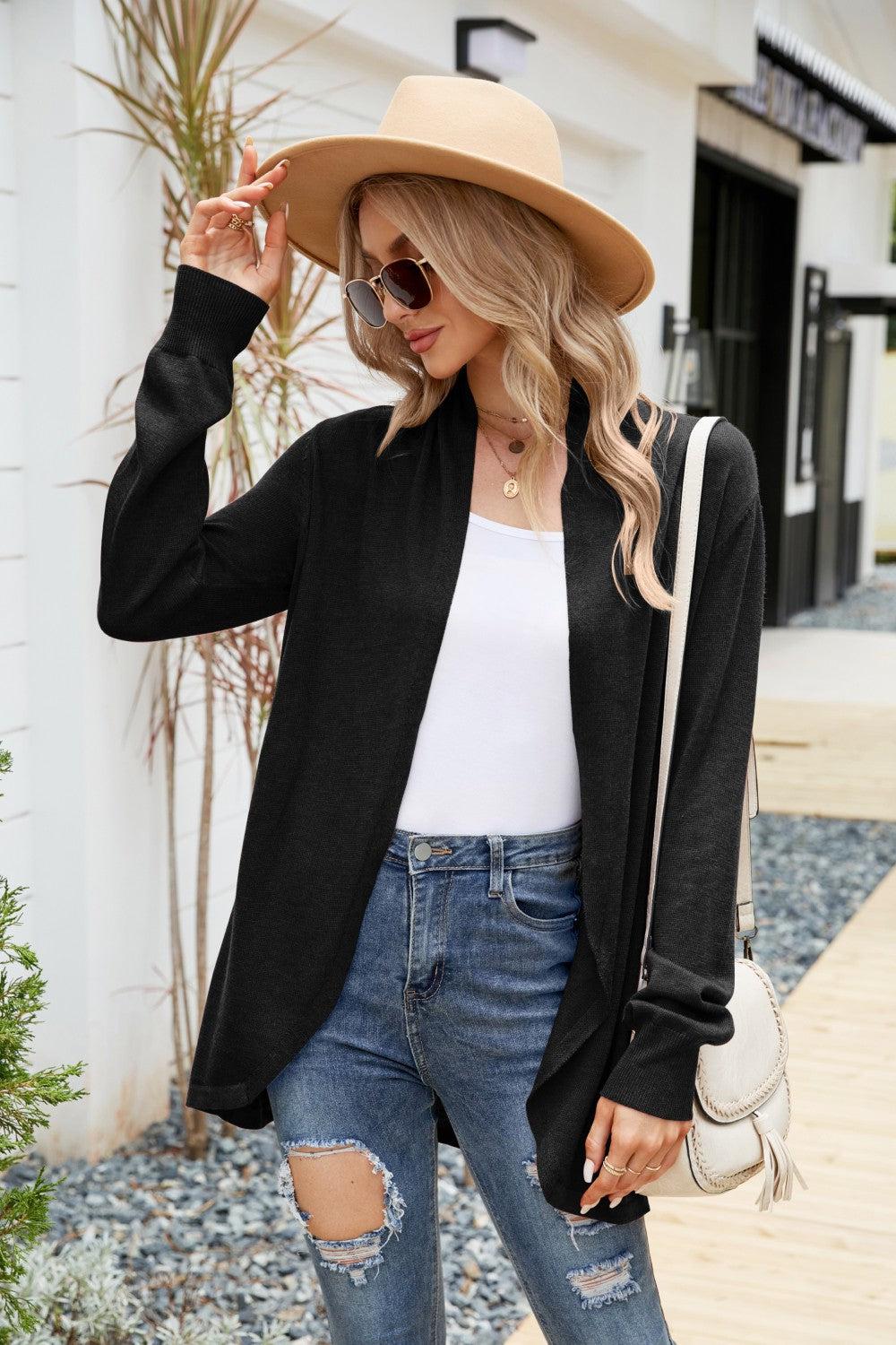 Open Front Long Sleeve Longline Cardigan-TOPS / DRESSES-[Adult]-[Female]-Black-S-2022 Online Blue Zone Planet