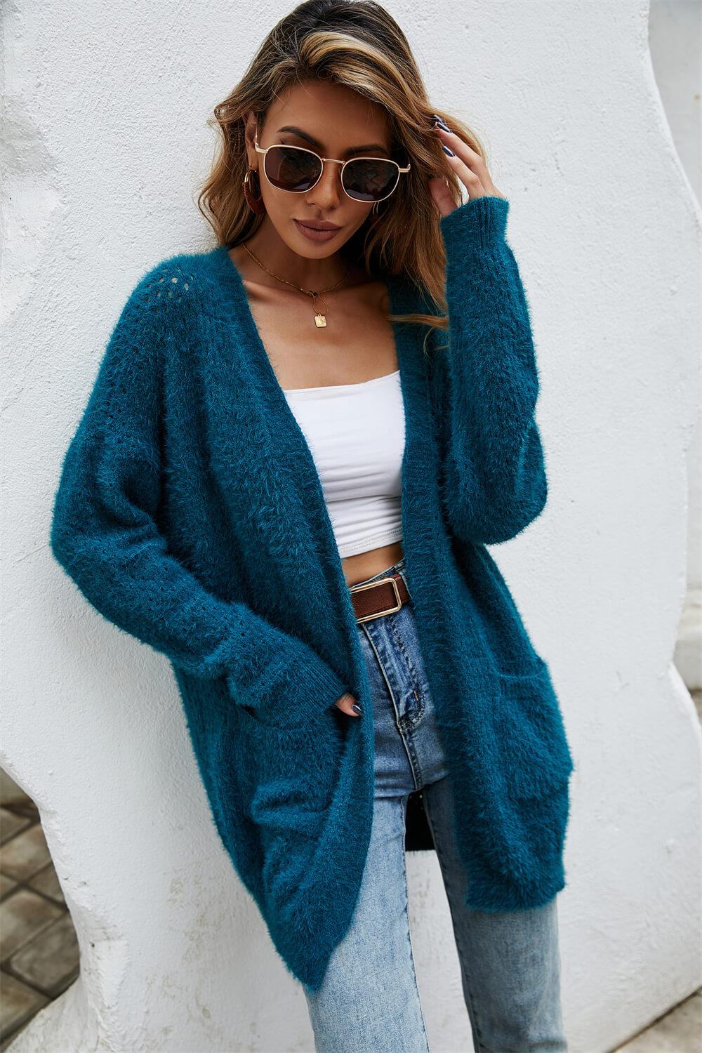 Open Front Openwork Fuzzy Cardigan with Pockets BLUE ZONE PLANET