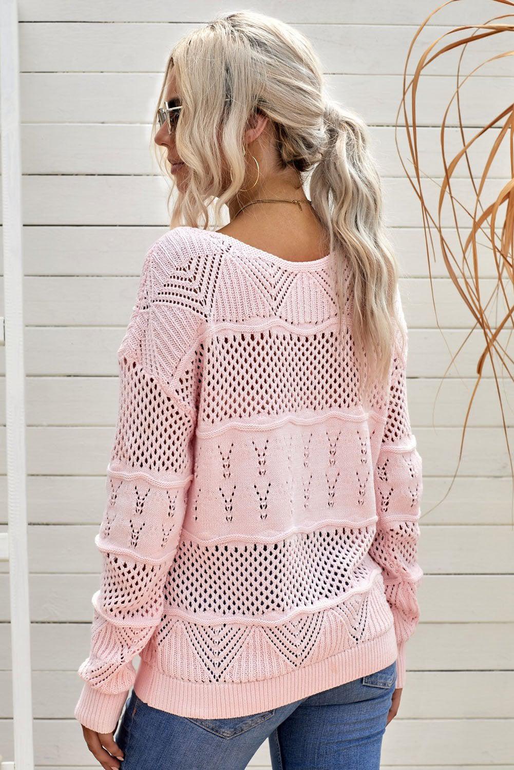 Openwork Boat Neck Pullover Sweater-TOPS / DRESSES-[Adult]-[Female]-Blue Zone Planet