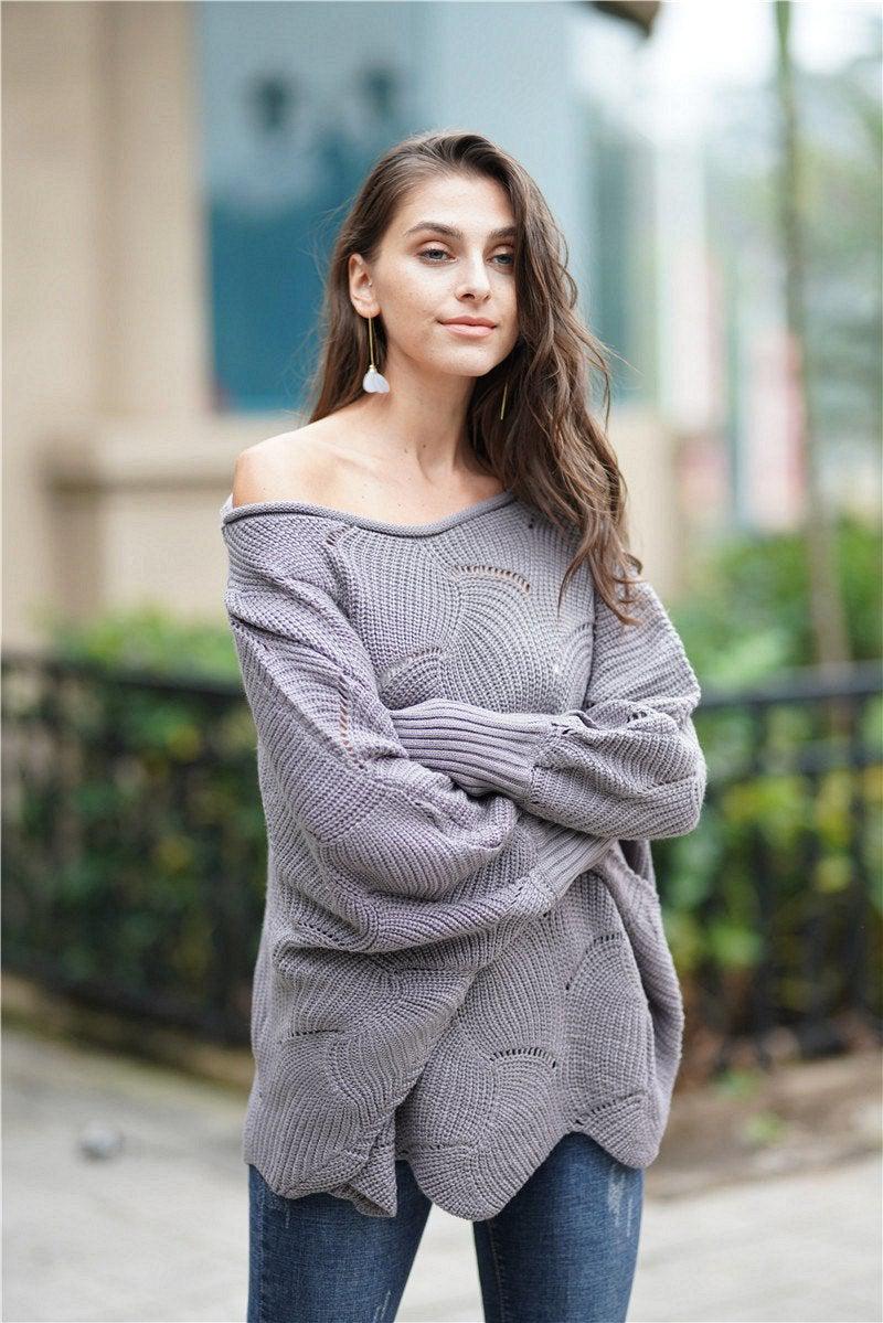 Openwork Boat Neck Sweater with Scalloped Hem-TOPS / DRESSES-[Adult]-[Female]-Dark Gray-S-Blue Zone Planet