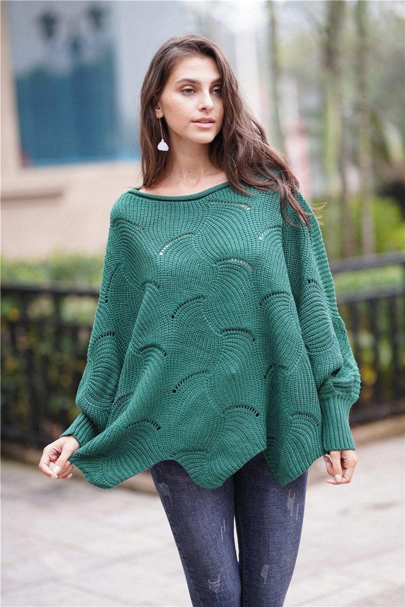 Openwork Boat Neck Sweater with Scalloped Hem-TOPS / DRESSES-[Adult]-[Female]-Green-S-Blue Zone Planet