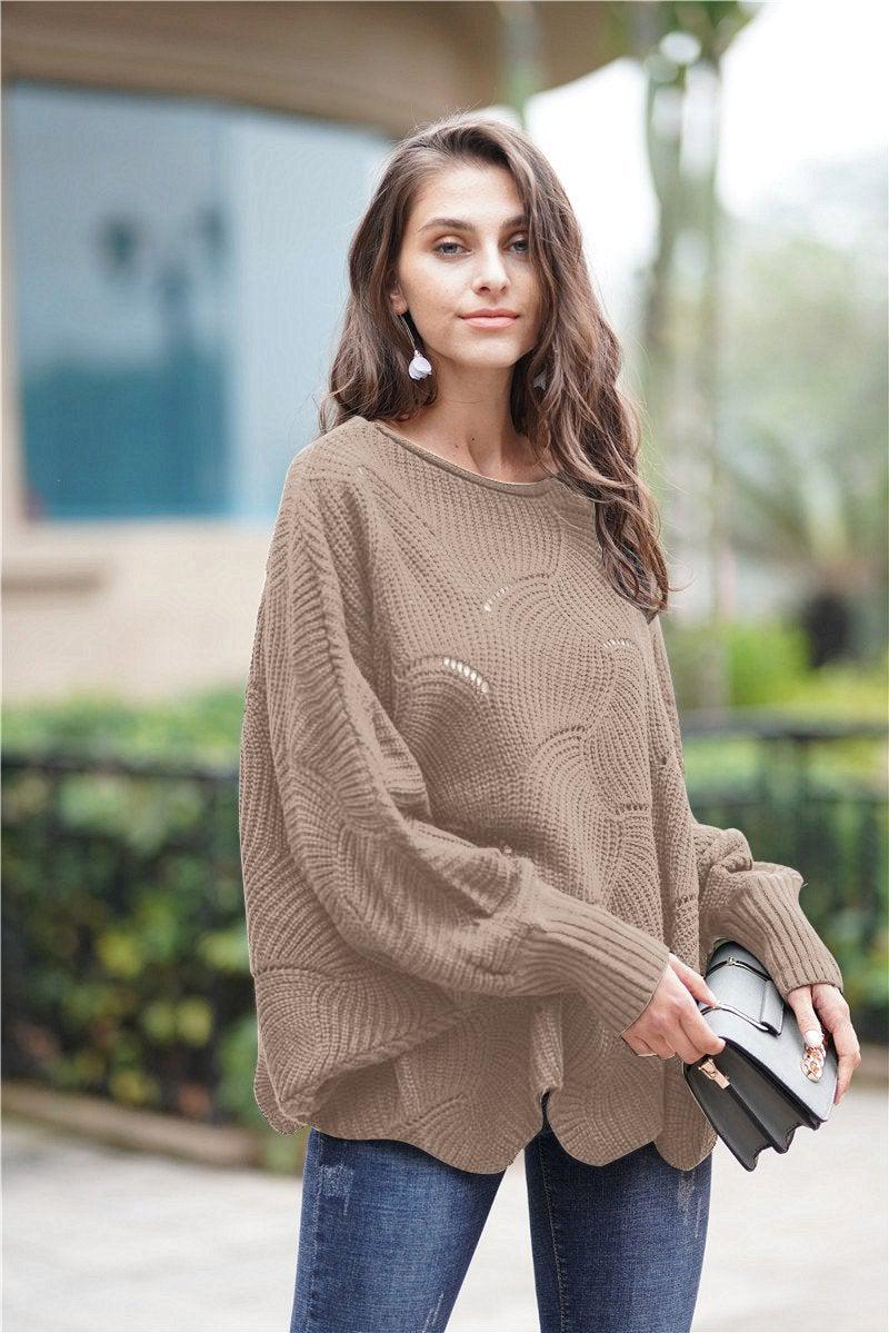 Openwork Boat Neck Sweater with Scalloped Hem-TOPS / DRESSES-[Adult]-[Female]-Khaki-S-Blue Zone Planet