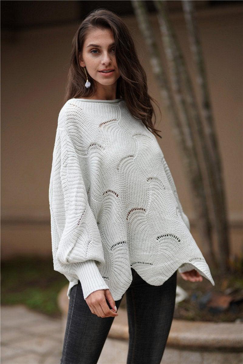 Openwork Boat Neck Sweater with Scalloped Hem-TOPS / DRESSES-[Adult]-[Female]-Light Gray-S-Blue Zone Planet
