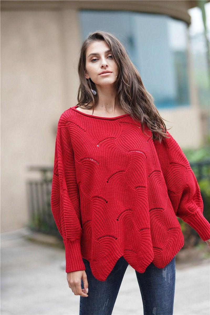 Openwork Boat Neck Sweater with Scalloped Hem BLUE ZONE PLANET