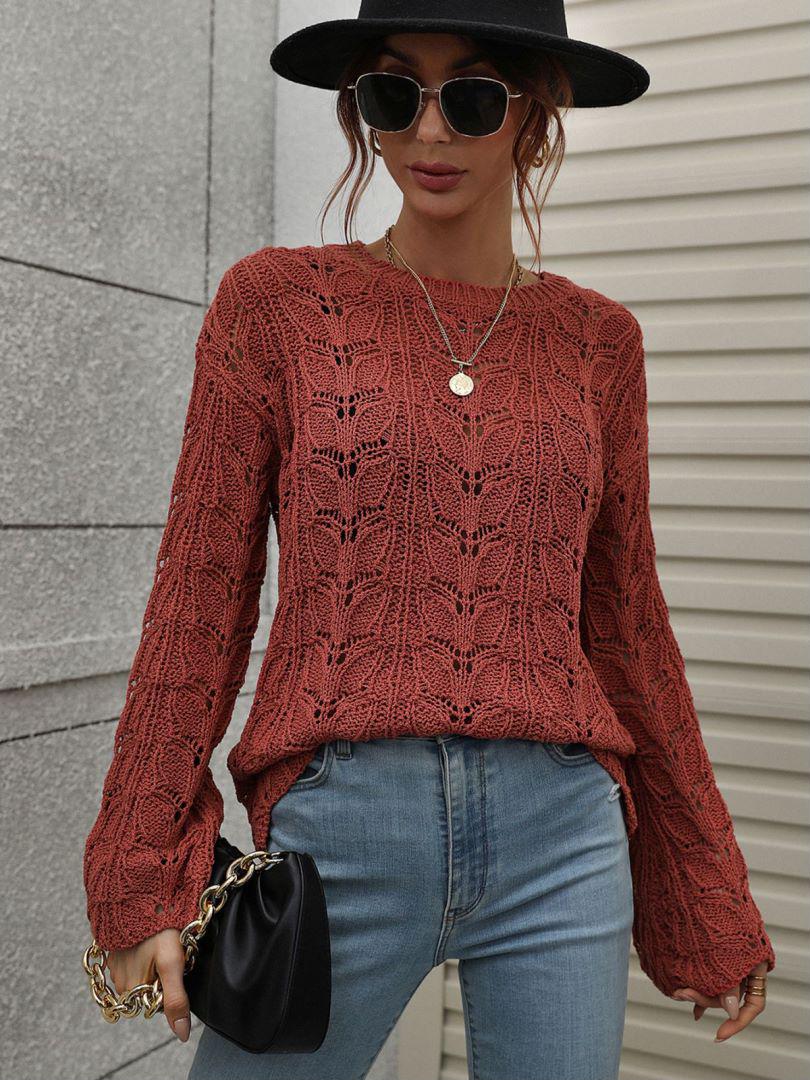 Openwork Dropped Shoulder Knit Top BLUE ZONE PLANET