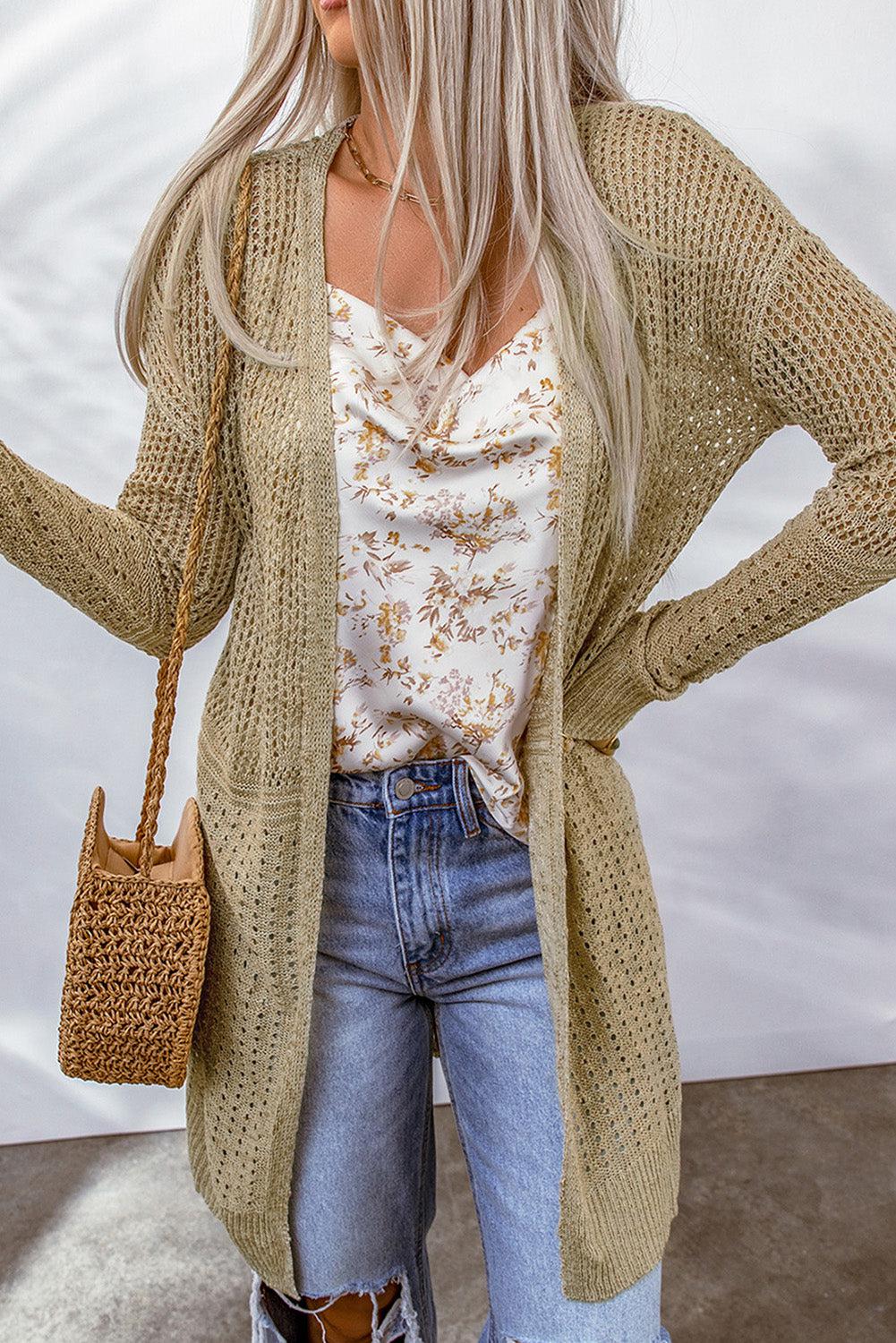 Openwork Dropped Shoulder Open Front Cardigan-TOPS / DRESSES-[Adult]-[Female]-2022 Online Blue Zone Planet