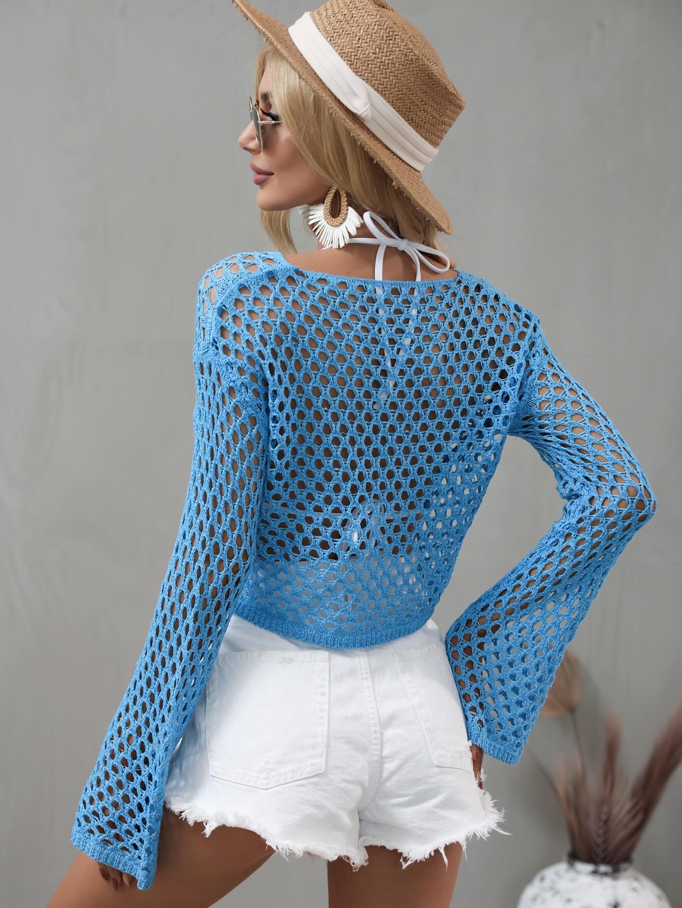 Openwork Flare Sleeve Cropped Cover Up-TOPS / DRESSES-[Adult]-[Female]-Blue Zone Planet
