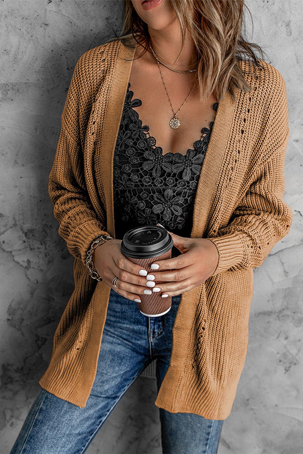 Openwork Rib-Knit Slit Cardigan with Pockets BLUE ZONE PLANET