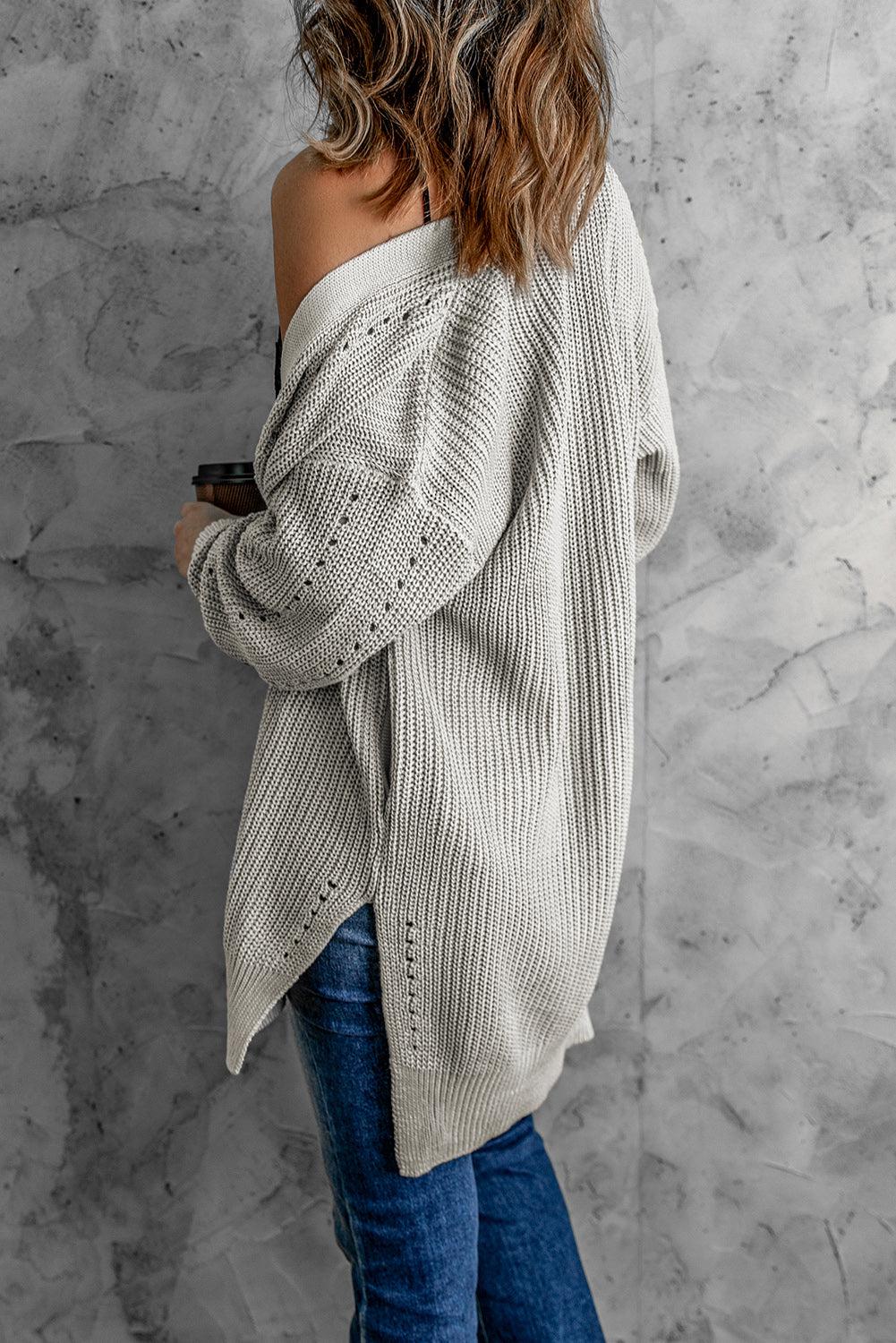 Openwork Rib-Knit Slit Cardigan with Pockets BLUE ZONE PLANET