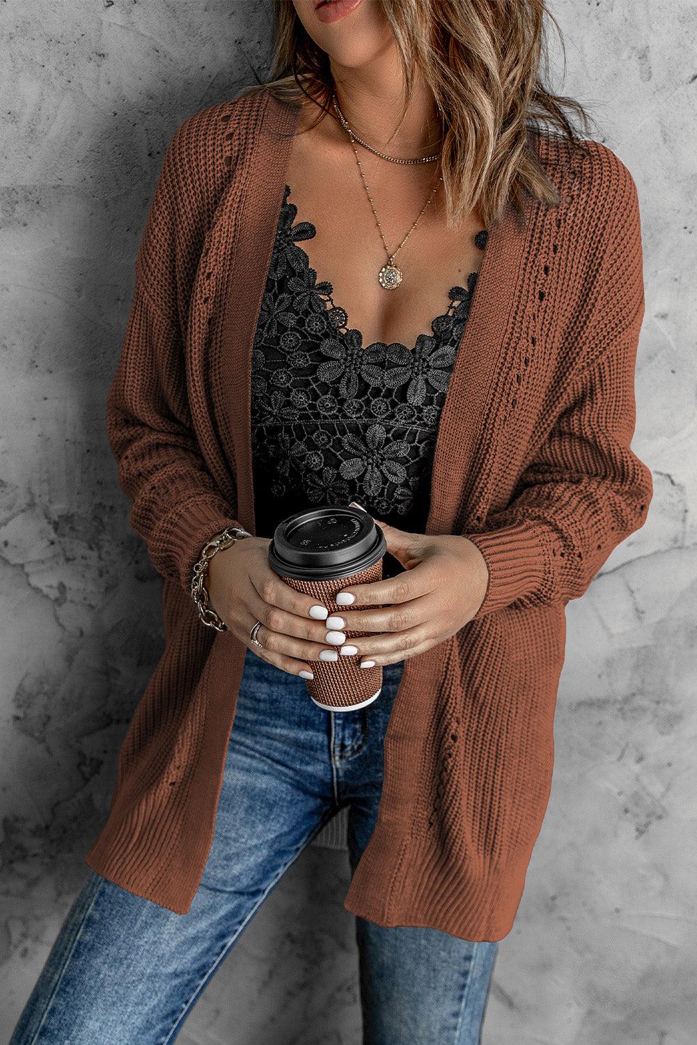 Openwork Rib-Knit Slit Cardigan with Pockets BLUE ZONE PLANET