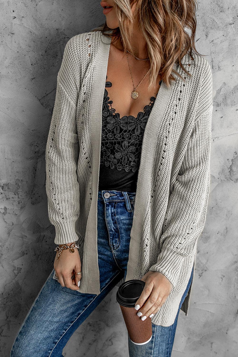 Openwork Rib-Knit Slit Cardigan with Pockets BLUE ZONE PLANET