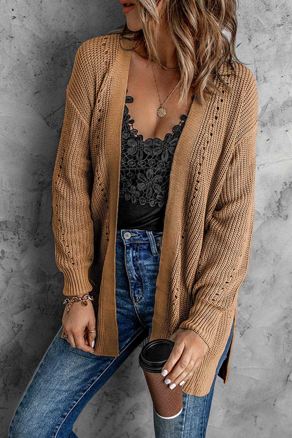 Openwork Rib-Knit Slit Cardigan with Pockets BLUE ZONE PLANET