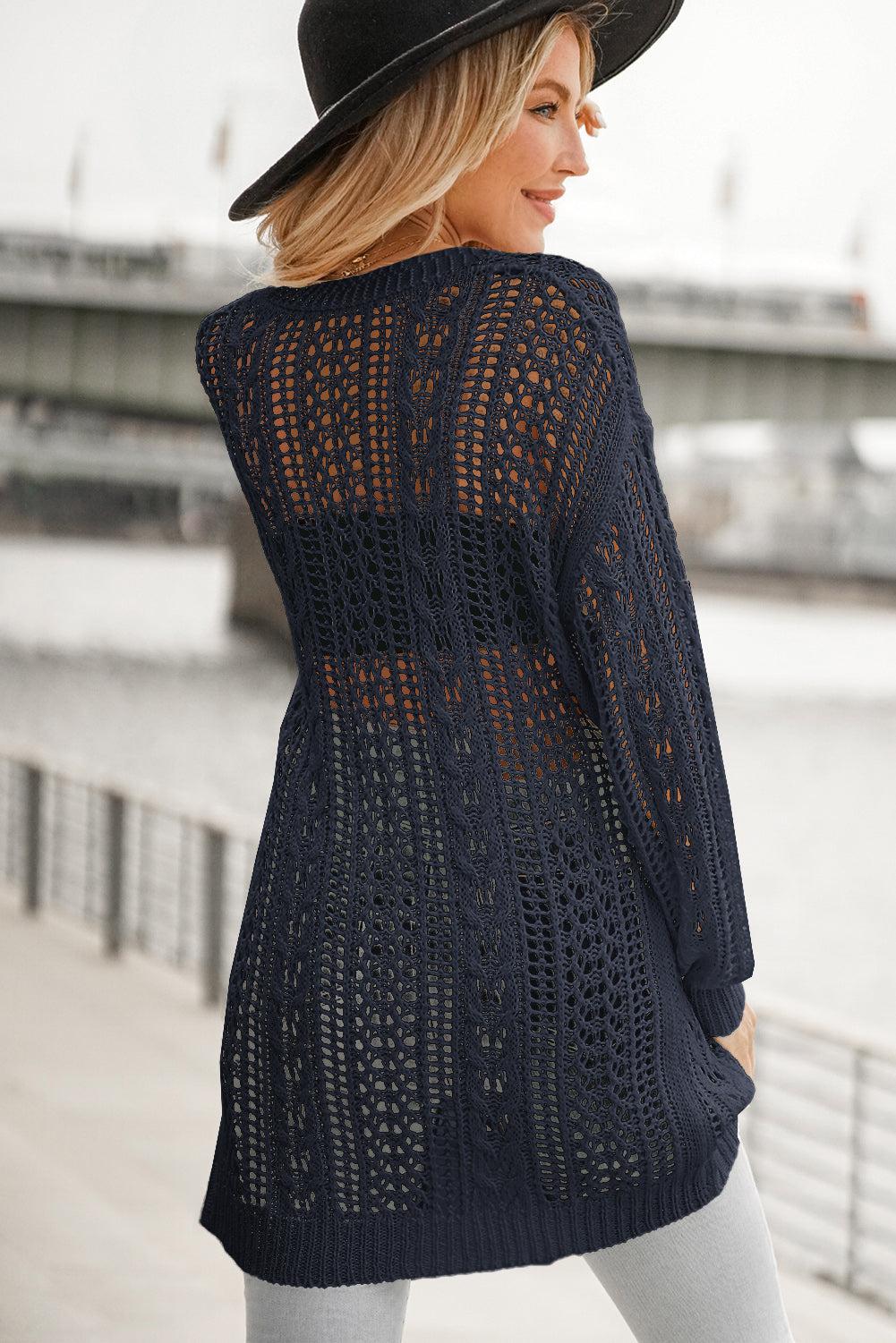 Openwork Ribbed Cuff Longline Cardigan-TOPS / DRESSES-[Adult]-[Female]-2022 Online Blue Zone Planet