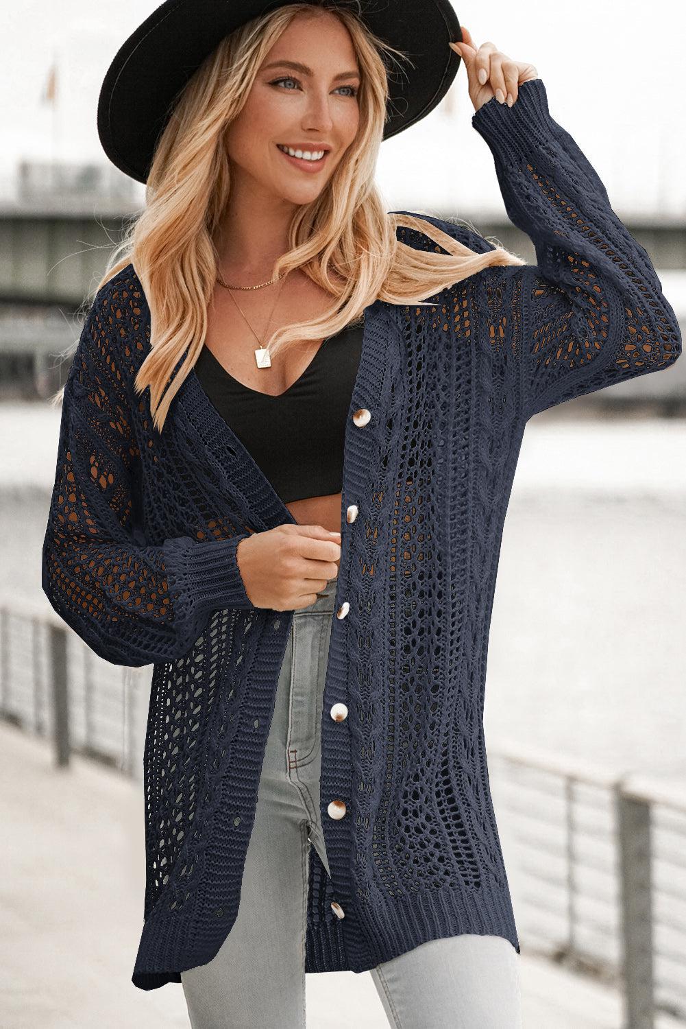 Openwork Ribbed Cuff Longline Cardigan-TOPS / DRESSES-[Adult]-[Female]-Black-S-2022 Online Blue Zone Planet