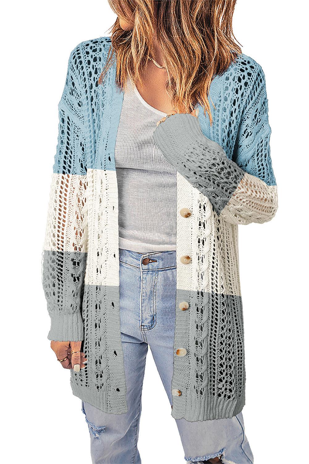 Openwork Ribbed Cuff Longline Cardigan-TOPS / DRESSES-[Adult]-[Female]-Blue/Gray-S-2022 Online Blue Zone Planet