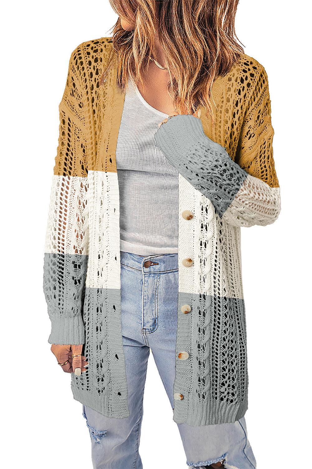 Openwork Ribbed Cuff Longline Cardigan-TOPS / DRESSES-[Adult]-[Female]-Mustard/Gray-S-2022 Online Blue Zone Planet