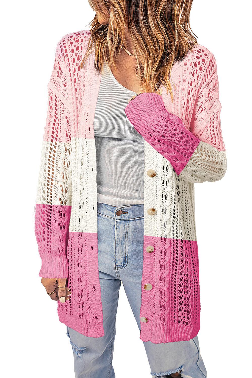 Openwork Ribbed Cuff Longline Cardigan-TOPS / DRESSES-[Adult]-[Female]-Pink-S-2022 Online Blue Zone Planet