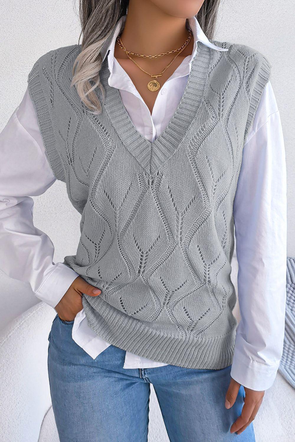 Openwork Ribbed Trim Sweater Vest-TOPS / DRESSES-[Adult]-[Female]-2022 Online Blue Zone Planet