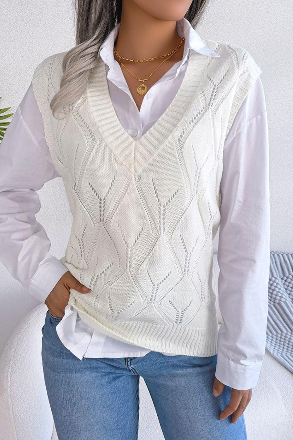 Openwork Ribbed Trim Sweater Vest-TOPS / DRESSES-[Adult]-[Female]-2022 Online Blue Zone Planet
