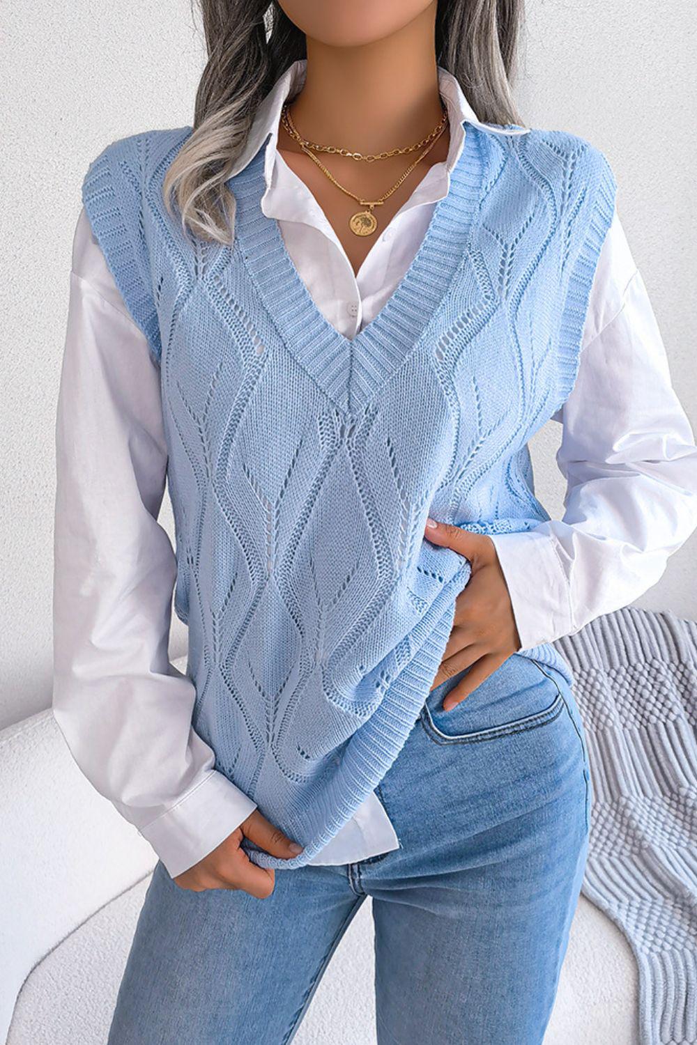 Openwork Ribbed Trim Sweater Vest-TOPS / DRESSES-[Adult]-[Female]-Blue-S-2022 Online Blue Zone Planet