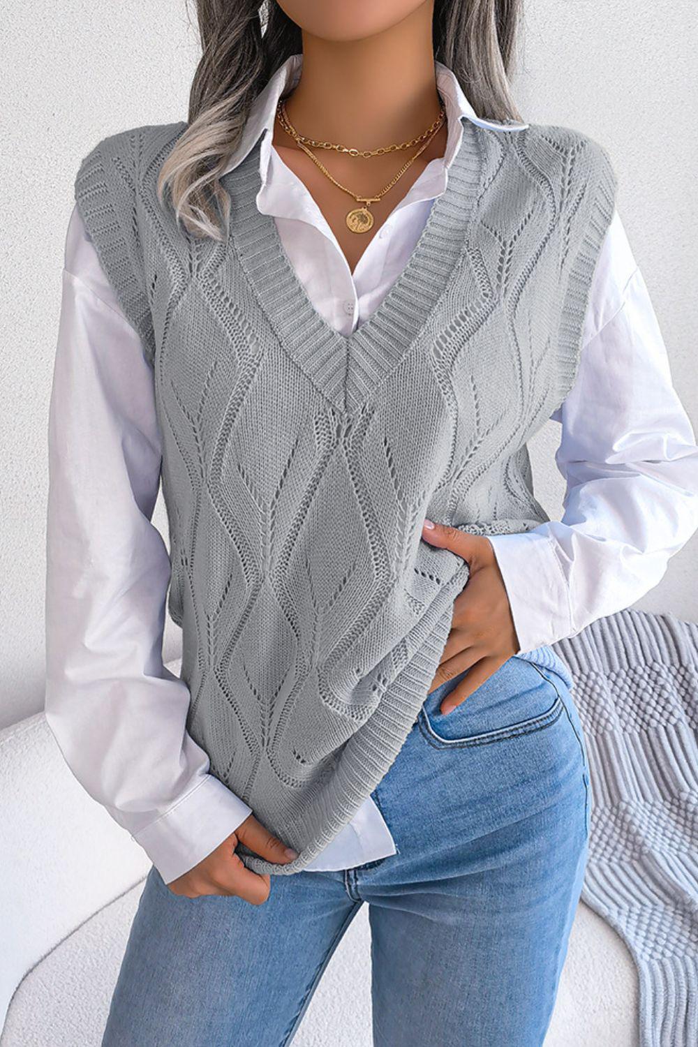 Openwork Ribbed Trim Sweater Vest-TOPS / DRESSES-[Adult]-[Female]-Gray-S-2022 Online Blue Zone Planet